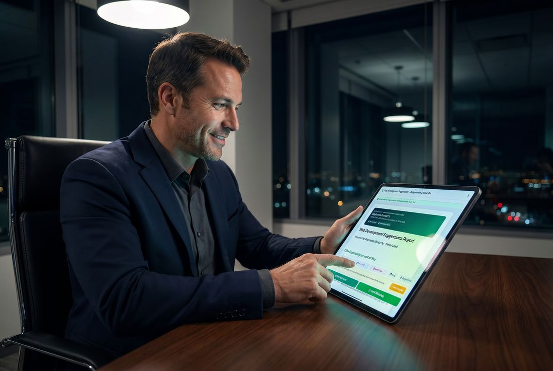 A professional reviewing an AI-generated client report inside The Leads Finder