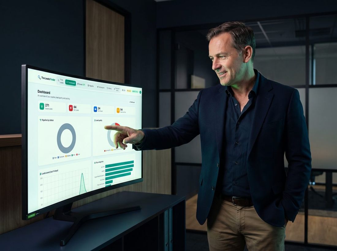 An agency manager reviewing the full pipeline on The Leads Finder dashboard
