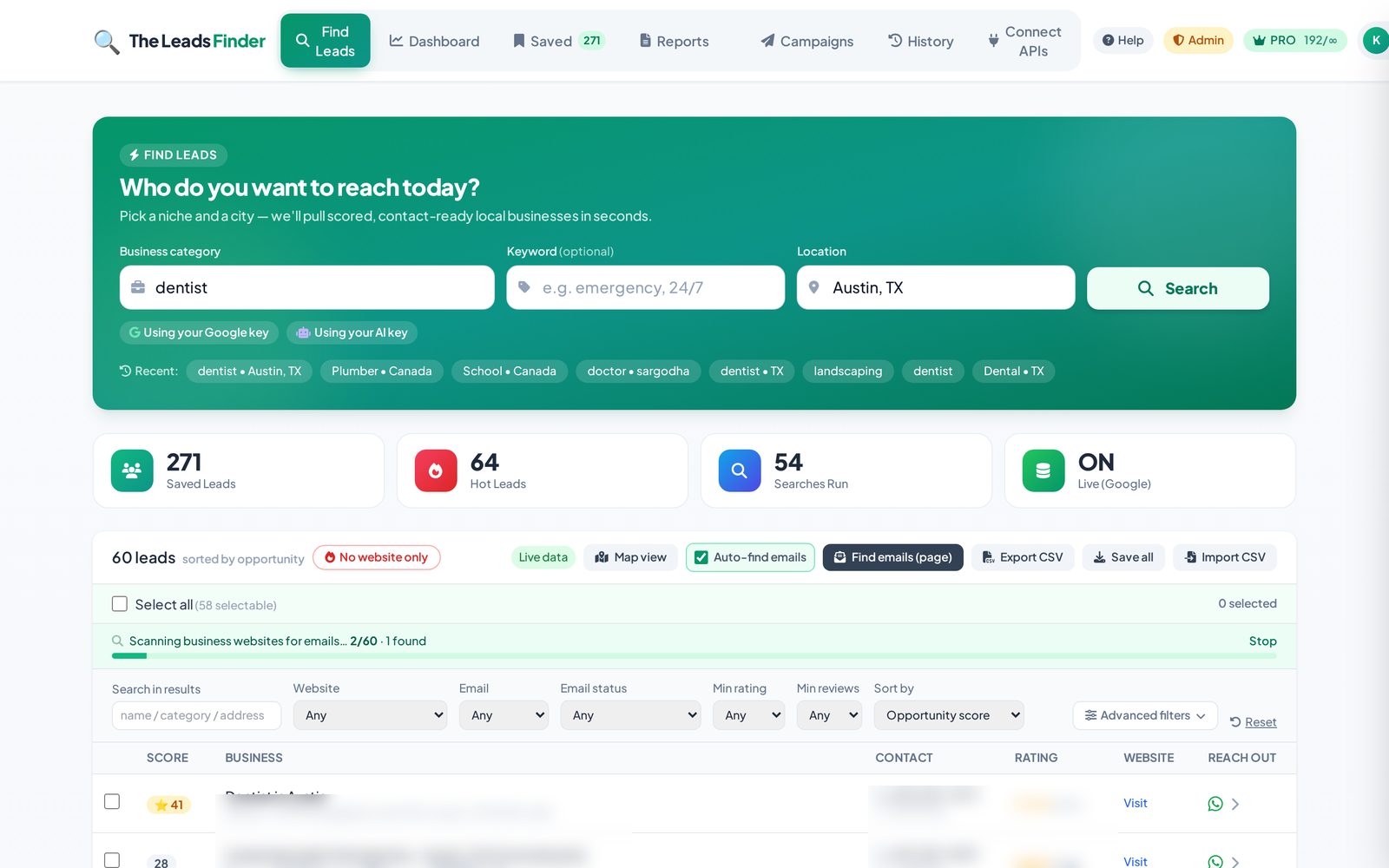 The Leads Finder — search results with opportunity scores